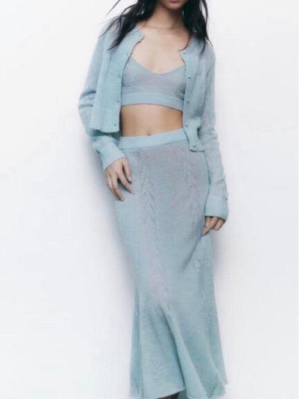 Zara Light Blue Alpaca Pointelle Knit Maxi Skirt Elegant Casual
